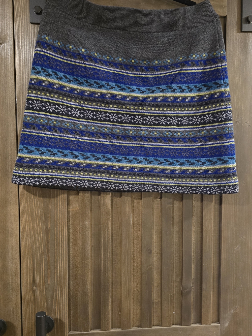 ibex Gray Mini Skirt with Blue Fair Isle Stripes